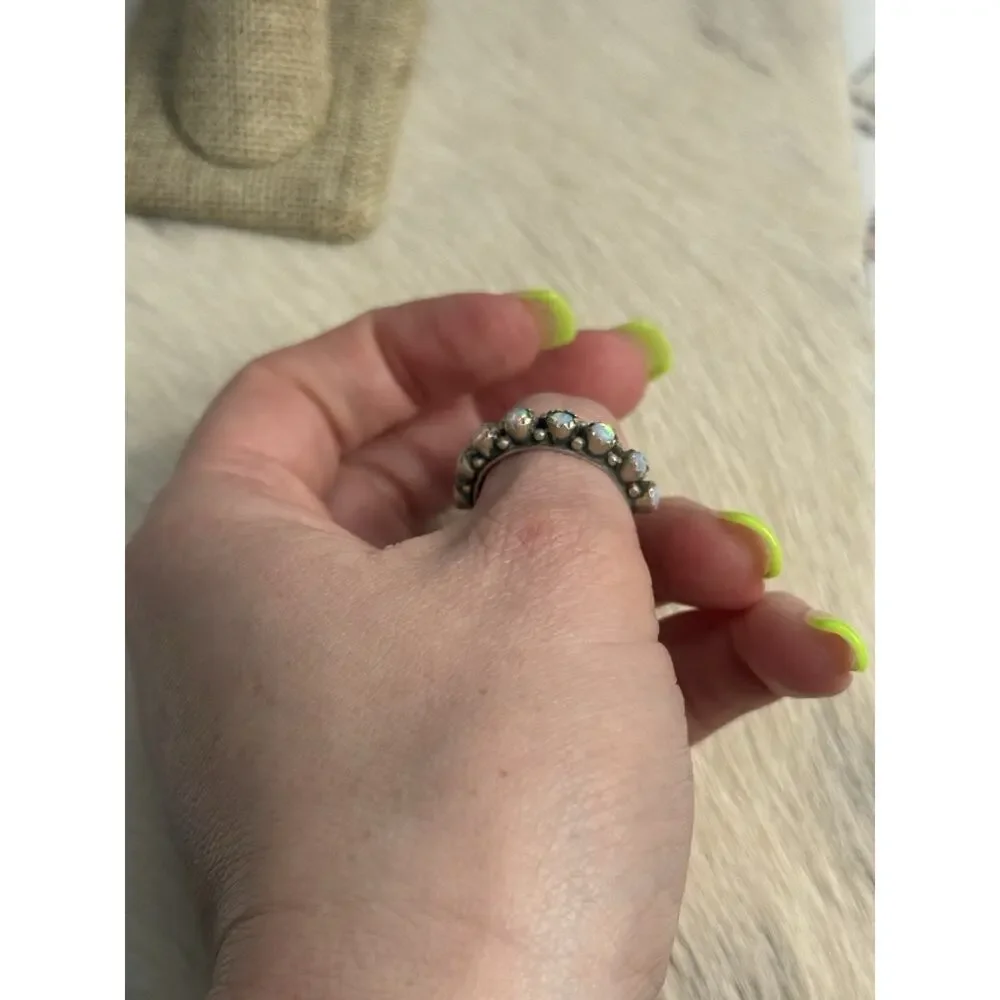 Sterling Silver White Fire Opal Eternity Snake Eye Band Ring Size 8 Round Stack